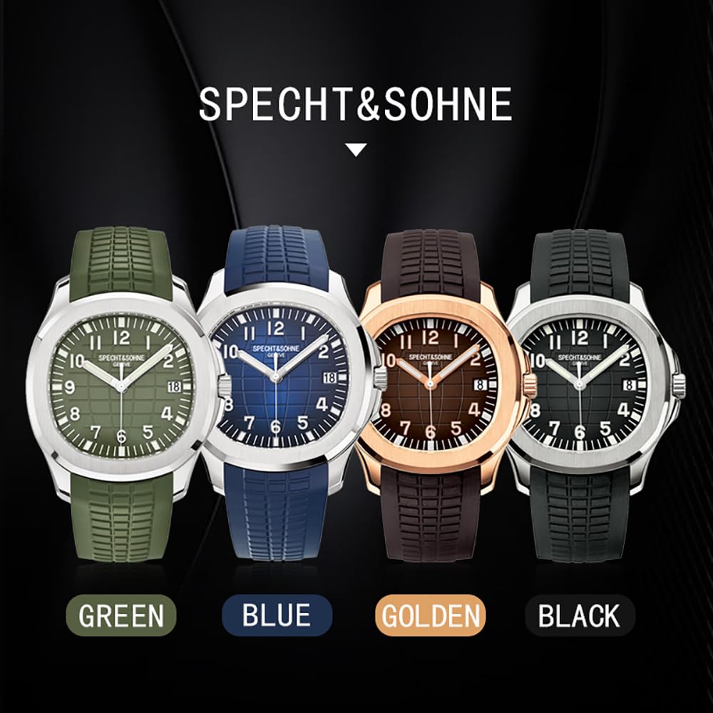 Specht & Söhne Watches for Men Japan Miyota 8215 Movement Watch Sport Movt Classic Automatic Mechanical Mens Wristwatch Rubber Strap Waterproof 40MM (Rose Gold)