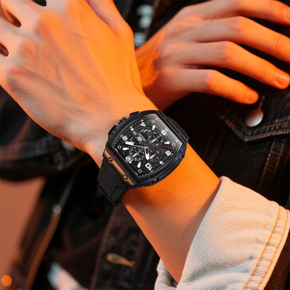 OLEVS Mens Black Watch Luxury Dress Stainless Steel Watches Large Chronograph Silicone Strap Waterproof Square Watch for Men