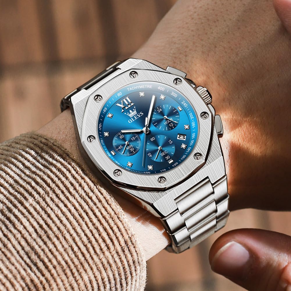 OLEVS Men Watches Chronograph Business Dress Stainless Steel Diamond Mens Wristwatch Blue Waterproof Luminous Two Tone Silver Relojes De Hombre