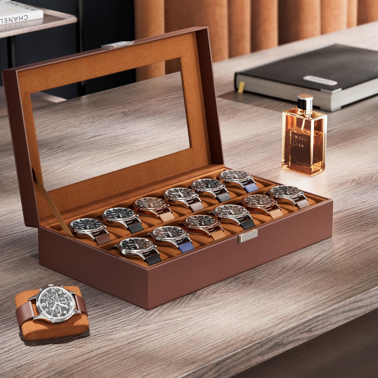 ProCase Watch Box Organizer, 12 Slot Watch Display Case With Glass Lid, Watch Storage Holder Mens Watch Case, Anniversary Birthday Valentine Gifts for Men Women -12 Slot, Brown