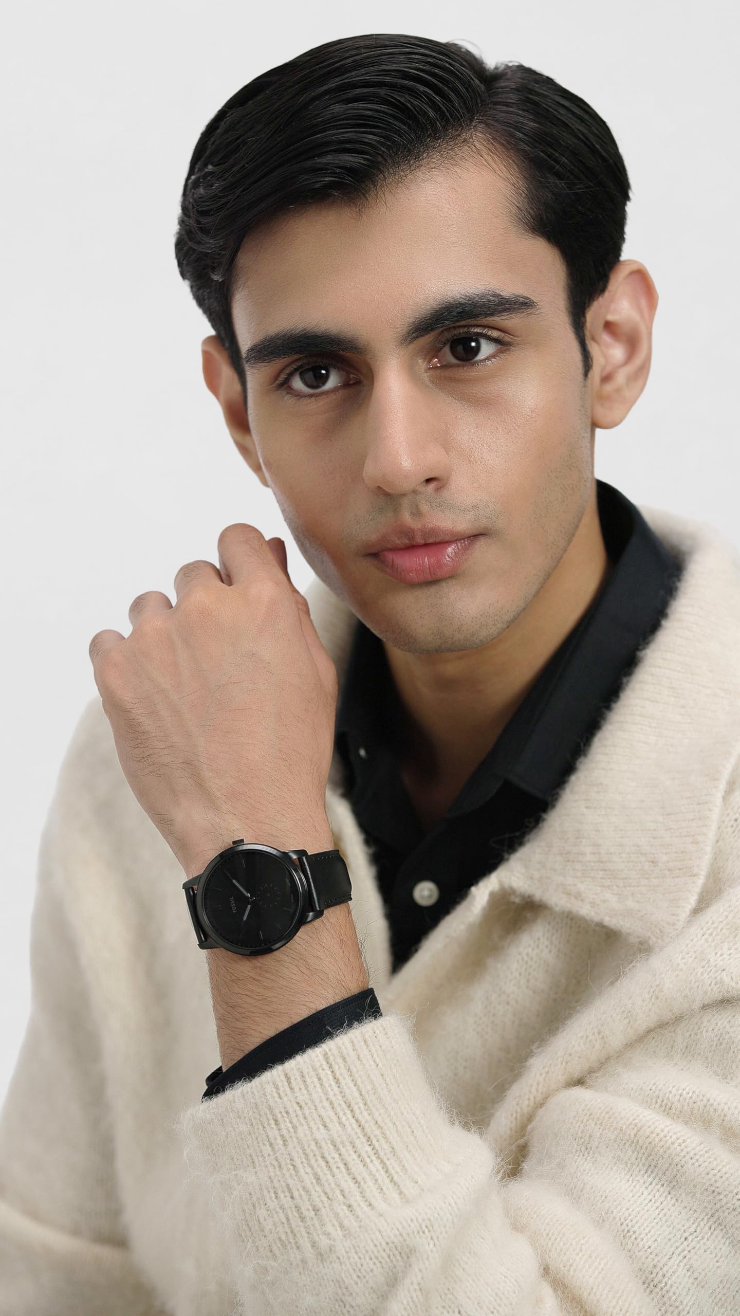 Fossil Men's Minimalist Quartz Stainless Steel and Black Leather Three-Hand Watch for Men, Color: Black