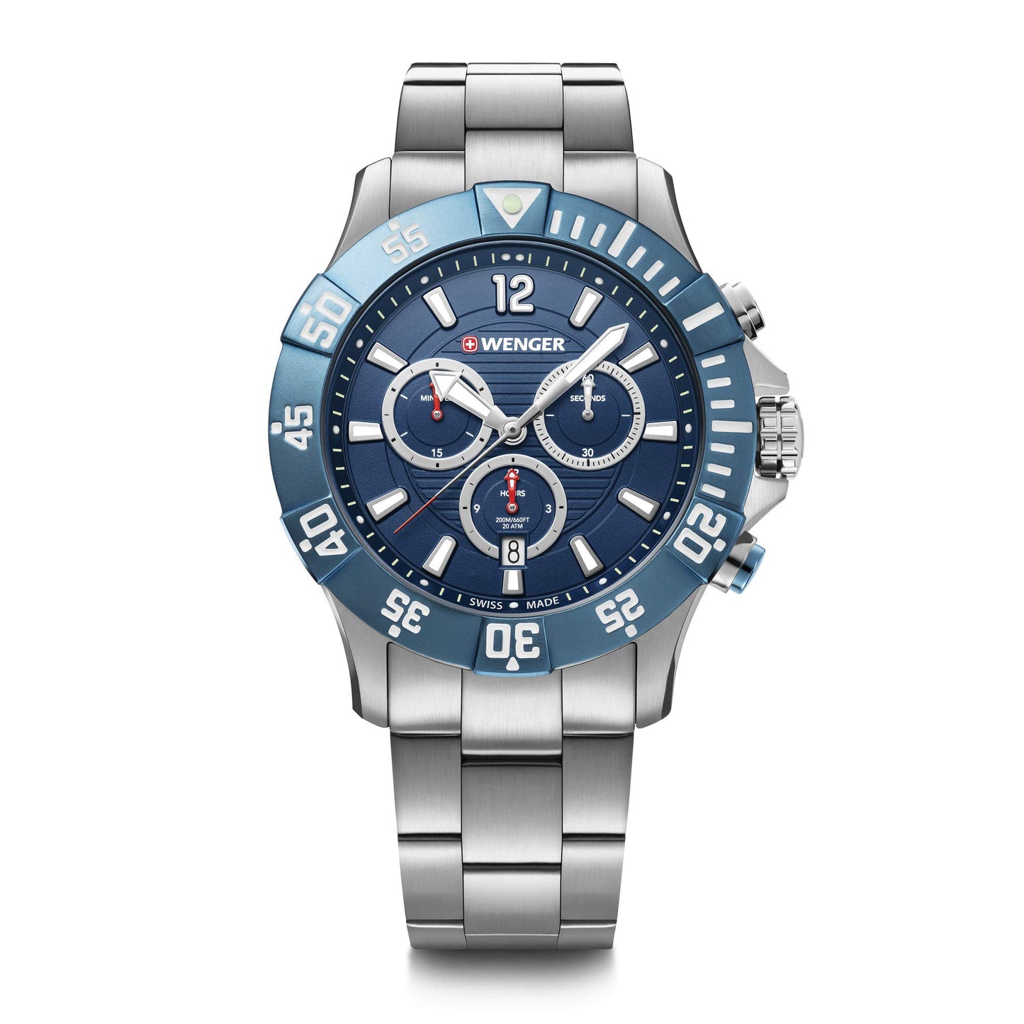 Wenger 01.0643.119 Seaforce Watch Blue Dial with Silver Stainless Steel Bracelet 43 mm