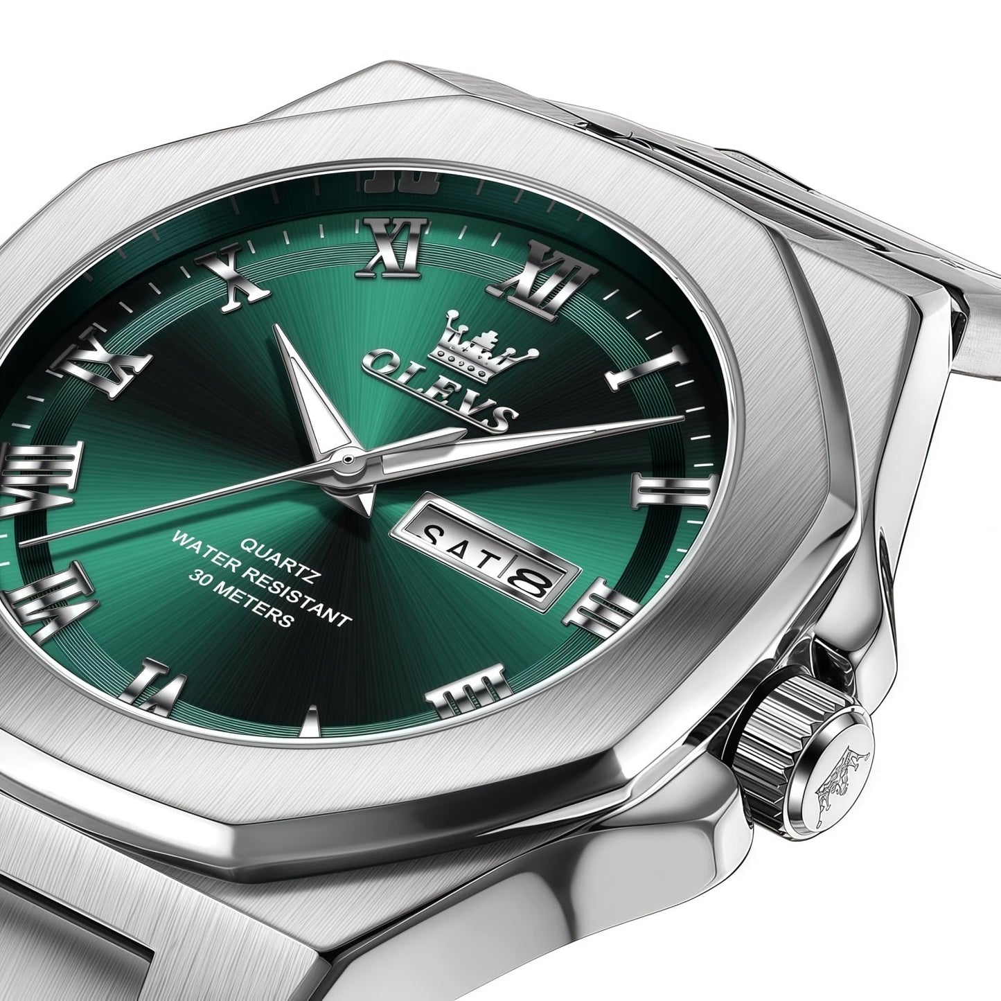 OLEVS Mens Watch Luxury Square Octagonal Stainless Steel Business Dress Wristwatch Roman Numeral Dial Luminous Waterproof Green