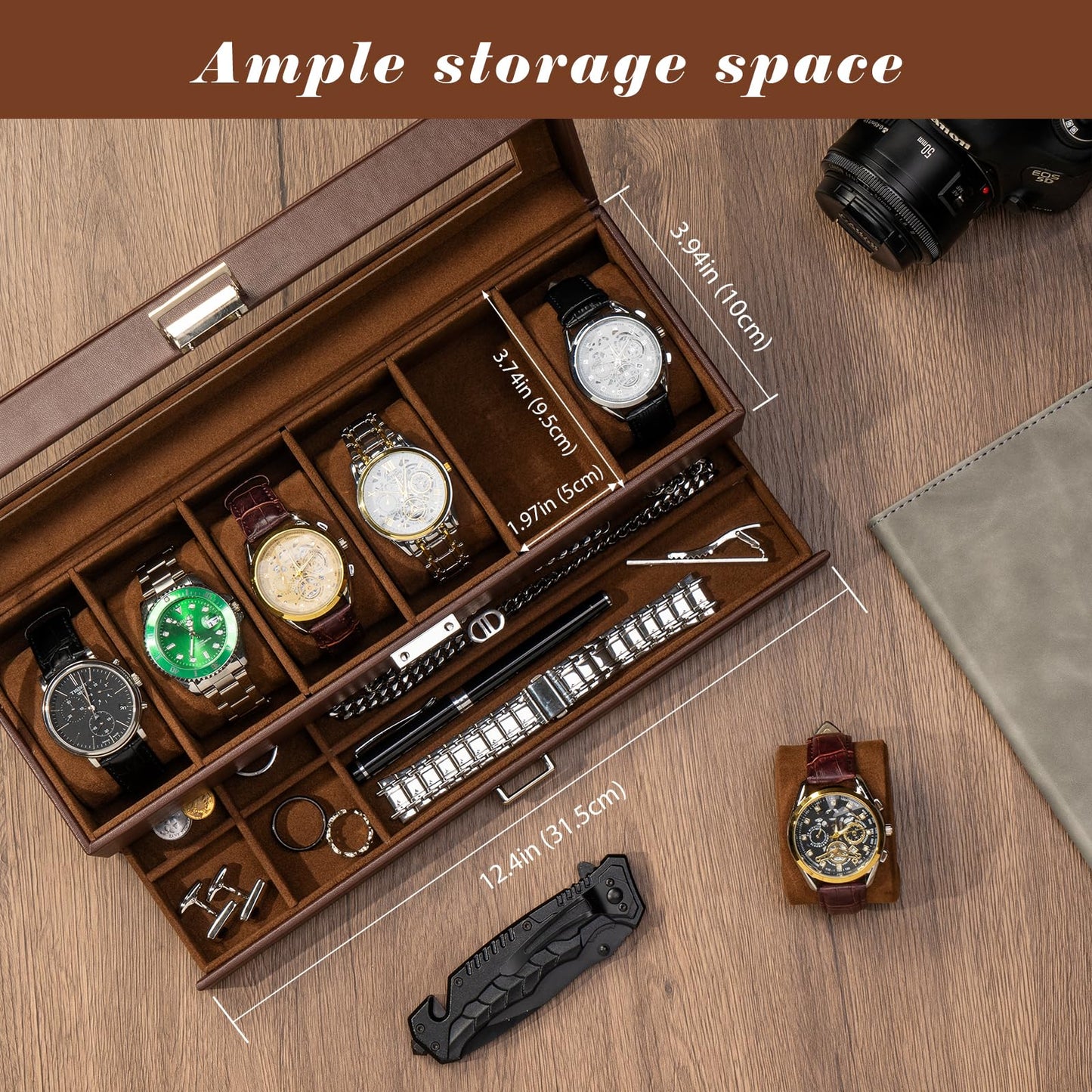 ProCase Watch Box, 6 Slot Watches Display Case with Drawer, Mens Watch Case with Glass Lid, 2-Layer Mens Jewelry Organizer Storage Holder, Birthday Valentine Gifts for Men -6 Slot, Espresso
