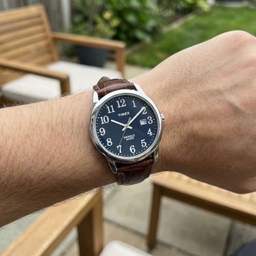 Timex Men's Easy Reader 38mm Watch – Silver-Tone Case Blue Dial with Brown Croco Leather Strap