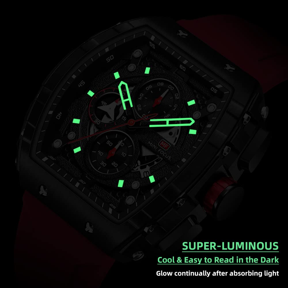 MF MINI FOCUS Men's Watch Fashion Tonneau Wrist Watches (Chronograph/Waterproof/Luminous/Calendar) Silicon Strap Quartz Watches for Men (Red & Black)