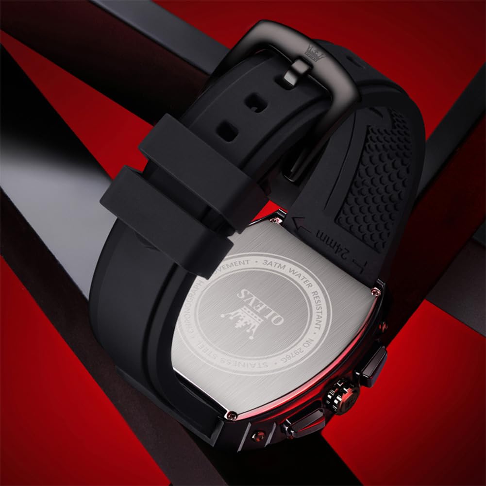 OLEVS Mens Black Watch Luxury Dress Stainless Steel Watches Large Chronograph Silicone Strap Waterproof Square Watch for Men