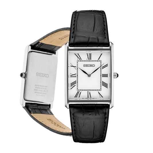 SEIKO SWR049 Watch for Men - Essentials - Water Resistant with Classic Stainless Steel Rectangular Case, White Dial with Roman Numerals, and Black Leather Strap