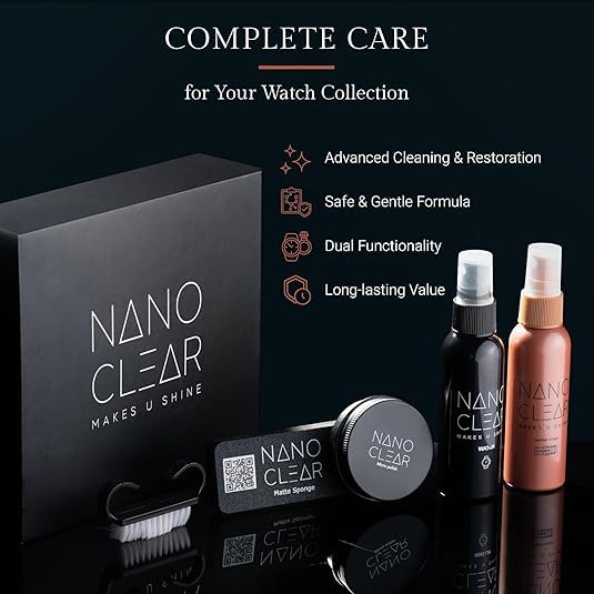 Nano Clear Watch Cleaner & Scratch Remover 2.1. Watch Cleaner Solution, 2 Oz. Watch Renewal. Watch Polish, Microfiber Cloth, Matte Sponge, Cleaning Brush – Watch Cleaning Kit & Repair Kit Accessories