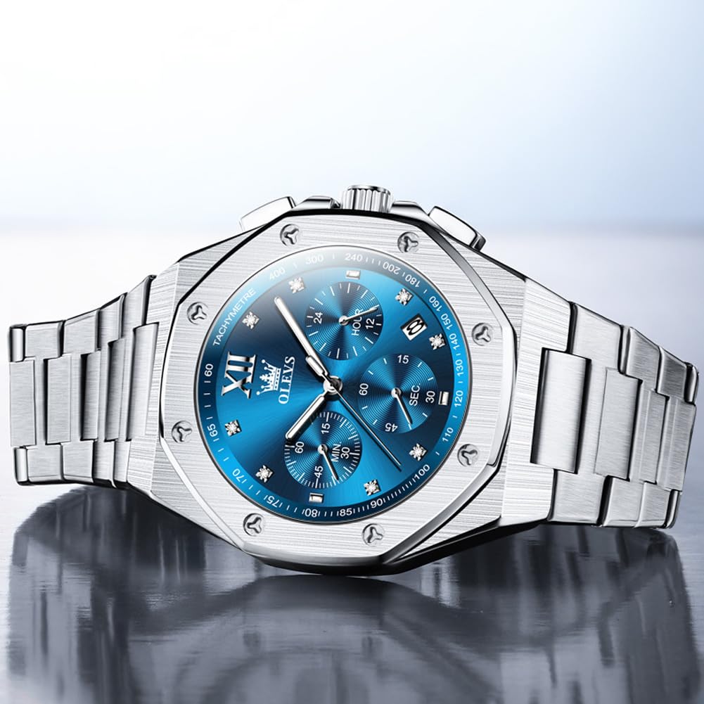 OLEVS Men Watches Chronograph Business Dress Stainless Steel Diamond Mens Wristwatch Blue Waterproof Luminous Two Tone Silver Relojes De Hombre