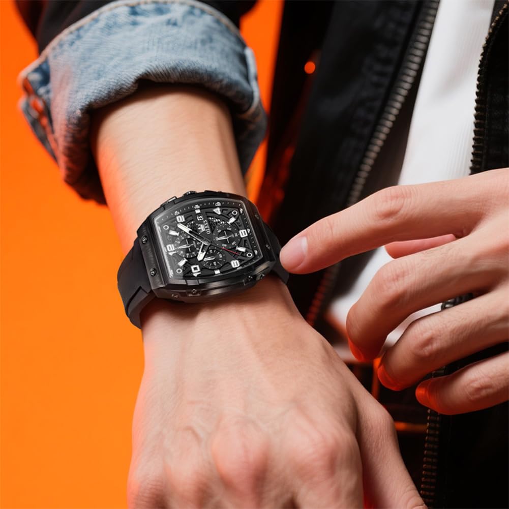 OLEVS Mens Black Watch Luxury Dress Stainless Steel Watches Large Chronograph Silicone Strap Waterproof Square Watch for Men