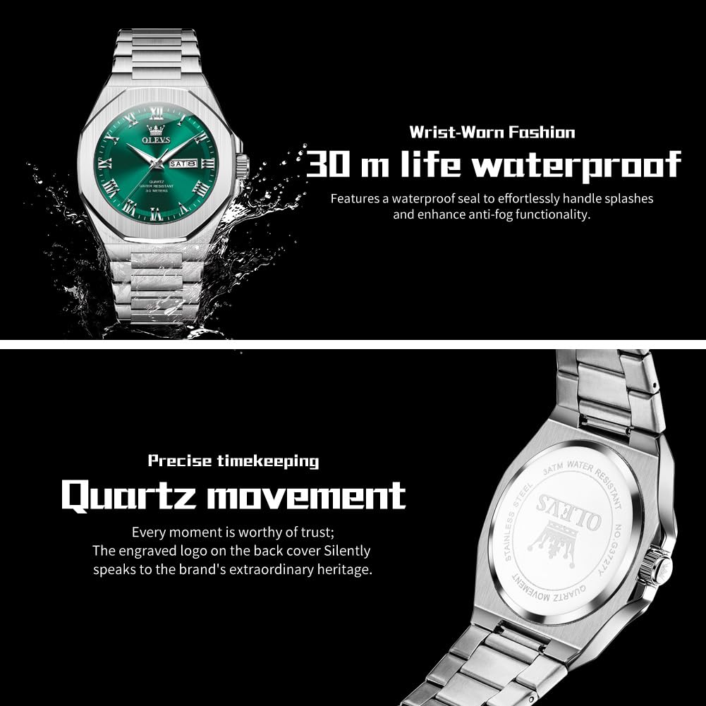 OLEVS Mens Watch Luxury Square Octagonal Stainless Steel Business Dress Wristwatch Roman Numeral Dial Luminous Waterproof Green