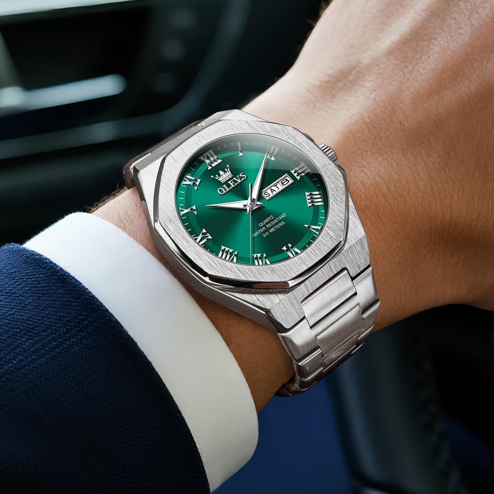 OLEVS Mens Watch Luxury Square Octagonal Stainless Steel Business Dress Wristwatch Roman Numeral Dial Luminous Waterproof Green