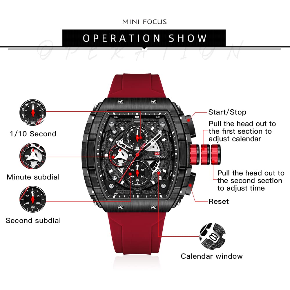 MF MINI FOCUS Men's Watch Fashion Tonneau Wrist Watches (Chronograph/Waterproof/Luminous/Calendar) Silicon Strap Quartz Watches for Men (Red & Black)
