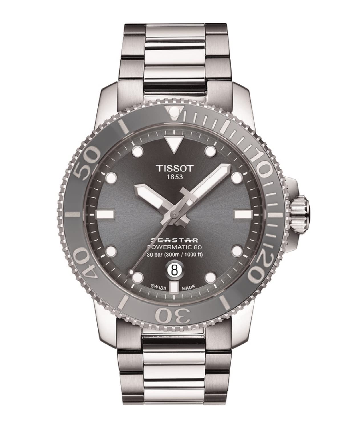Tissot Mens Seastar 1000 Powermatic 80 316L Stainless Steel case Swiss Automatic Watch, Grey, Stainless Steel, 21 (T1204071108101)