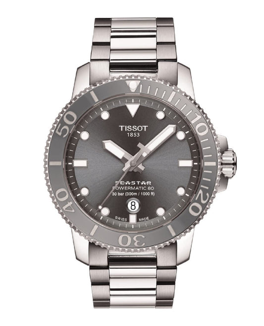 Tissot Mens Seastar 1000 Powermatic 80 316L Stainless Steel case Swiss Automatic Watch, Grey, Stainless Steel, 21 (T1204071108101)