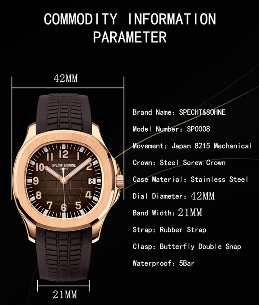 Specht & Söhne Watches for Men Japan Miyota 8215 Movement Watch Sport Movt Classic Automatic Mechanical Mens Wristwatch Rubber Strap Waterproof 40MM (Rose Gold)
