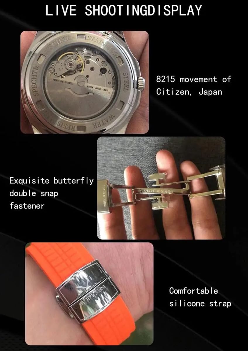 Specht & Söhne Watches for Men Japan Miyota 8215 Movement Watch Sport Movt Classic Automatic Mechanical Mens Wristwatch Rubber Strap Waterproof 40MM (Rose Gold)