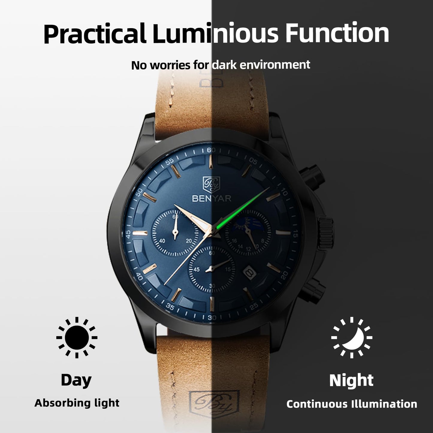 by BENYAR Watch for Men Chronograph Waterproof Men's Wrist Watches Business Work Casual Watch Elegant Gifts for Men