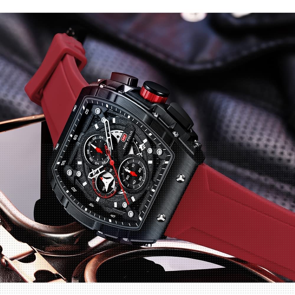 MF MINI FOCUS Men's Watch Fashion Tonneau Wrist Watches (Chronograph/Waterproof/Luminous/Calendar) Silicon Strap Quartz Watches for Men (Red & Black)