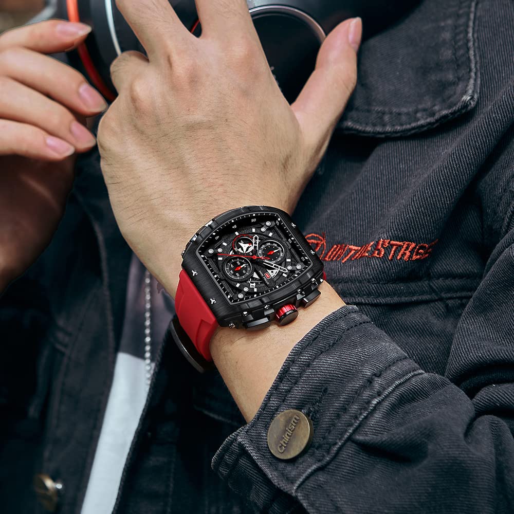 MF MINI FOCUS Men's Watch Fashion Tonneau Wrist Watches (Chronograph/Waterproof/Luminous/Calendar) Silicon Strap Quartz Watches for Men (Red & Black)