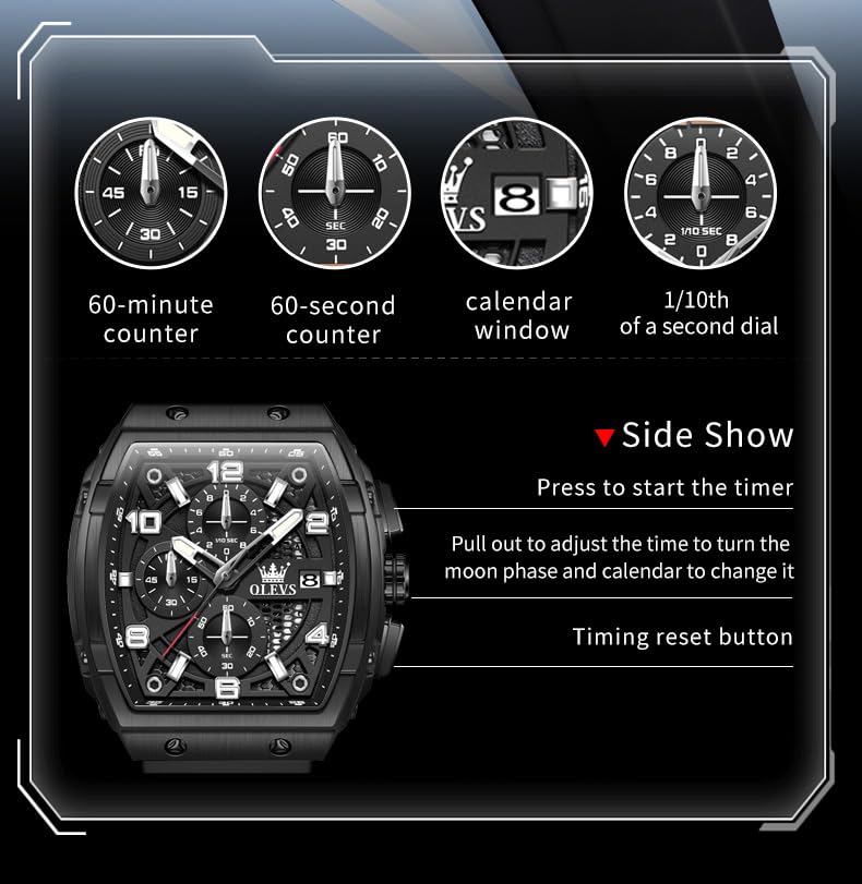 OLEVS Mens Black Watch Luxury Dress Stainless Steel Watches Large Chronograph Silicone Strap Waterproof Square Watch for Men