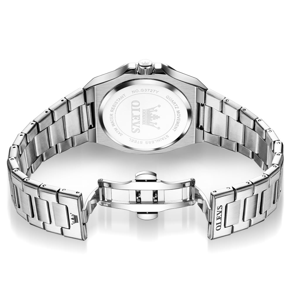 OLEVS Mens Watch Luxury Square Octagonal Stainless Steel Business Dress Wristwatch Roman Numeral Dial Luminous Waterproof Green