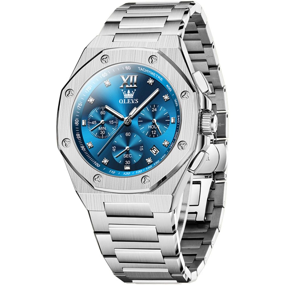 OLEVS Men Watches Chronograph Business Dress Stainless Steel Diamond Mens Wristwatch Blue Waterproof Luminous Two Tone Silver Relojes De Hombre