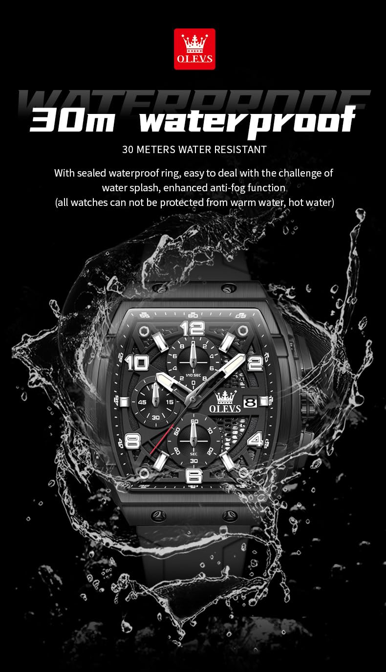 OLEVS Mens Black Watch Luxury Dress Stainless Steel Watches Large Chronograph Silicone Strap Waterproof Square Watch for Men
