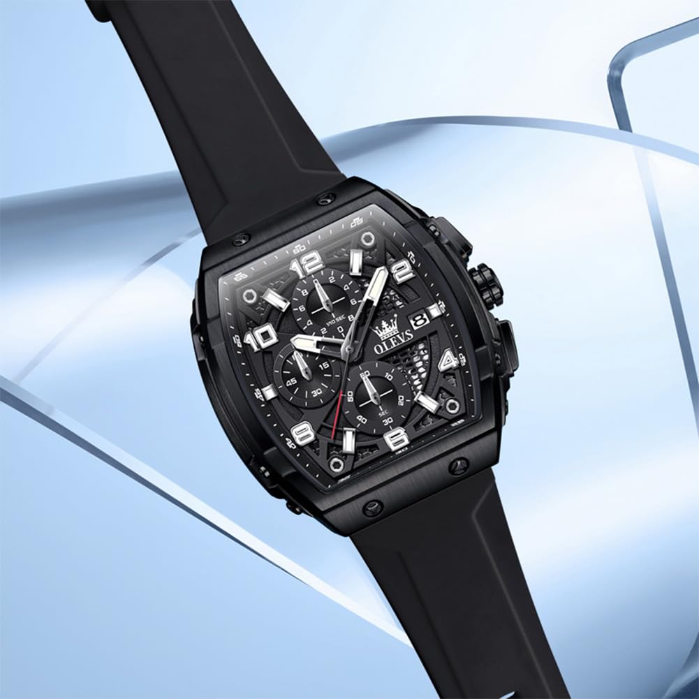 OLEVS Mens Black Watch Luxury Dress Stainless Steel Watches Large Chronograph Silicone Strap Waterproof Square Watch for Men