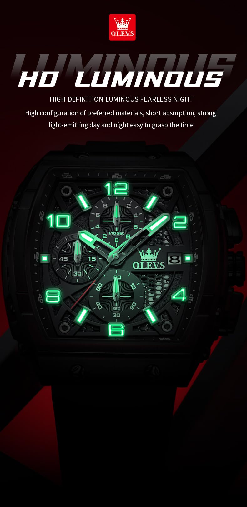 OLEVS Mens Black Watch Luxury Dress Stainless Steel Watches Large Chronograph Silicone Strap Waterproof Square Watch for Men