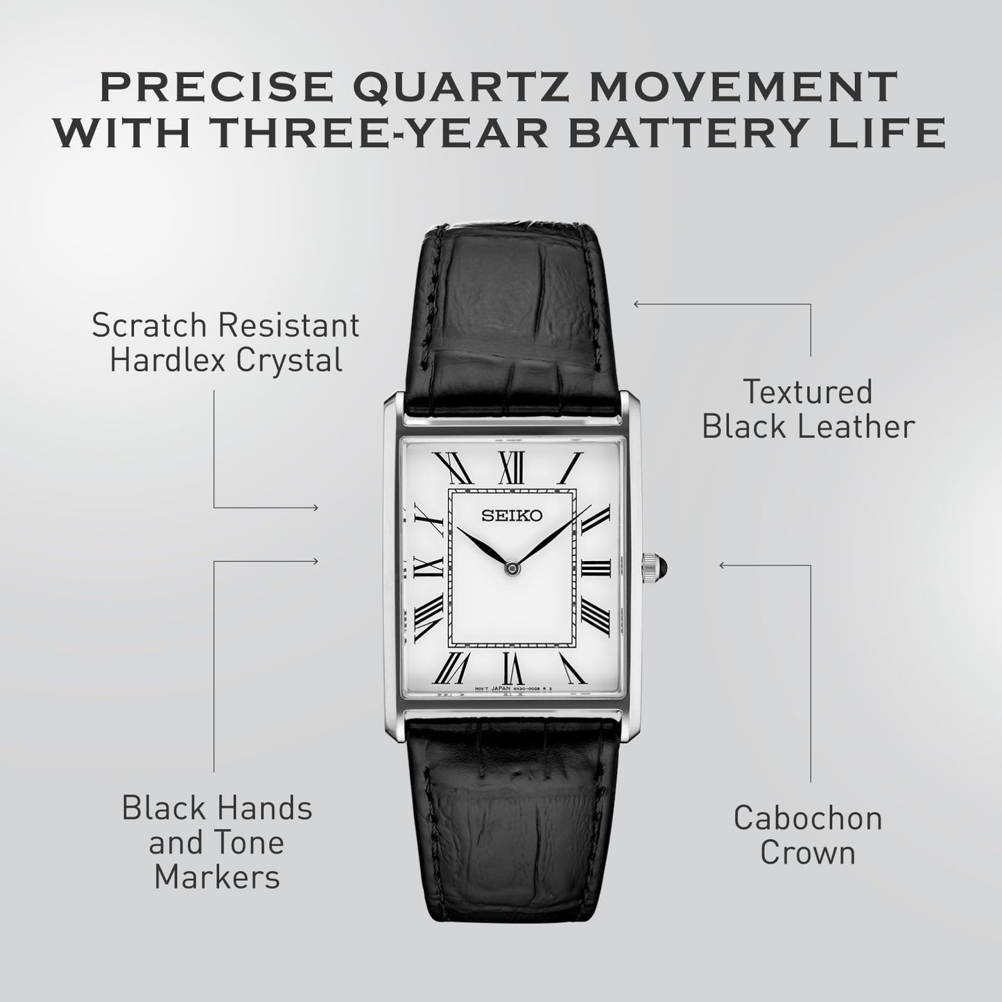 SEIKO SWR049 Watch for Men - Essentials - Water Resistant with Classic Stainless Steel Rectangular Case, White Dial with Roman Numerals, and Black Leather Strap