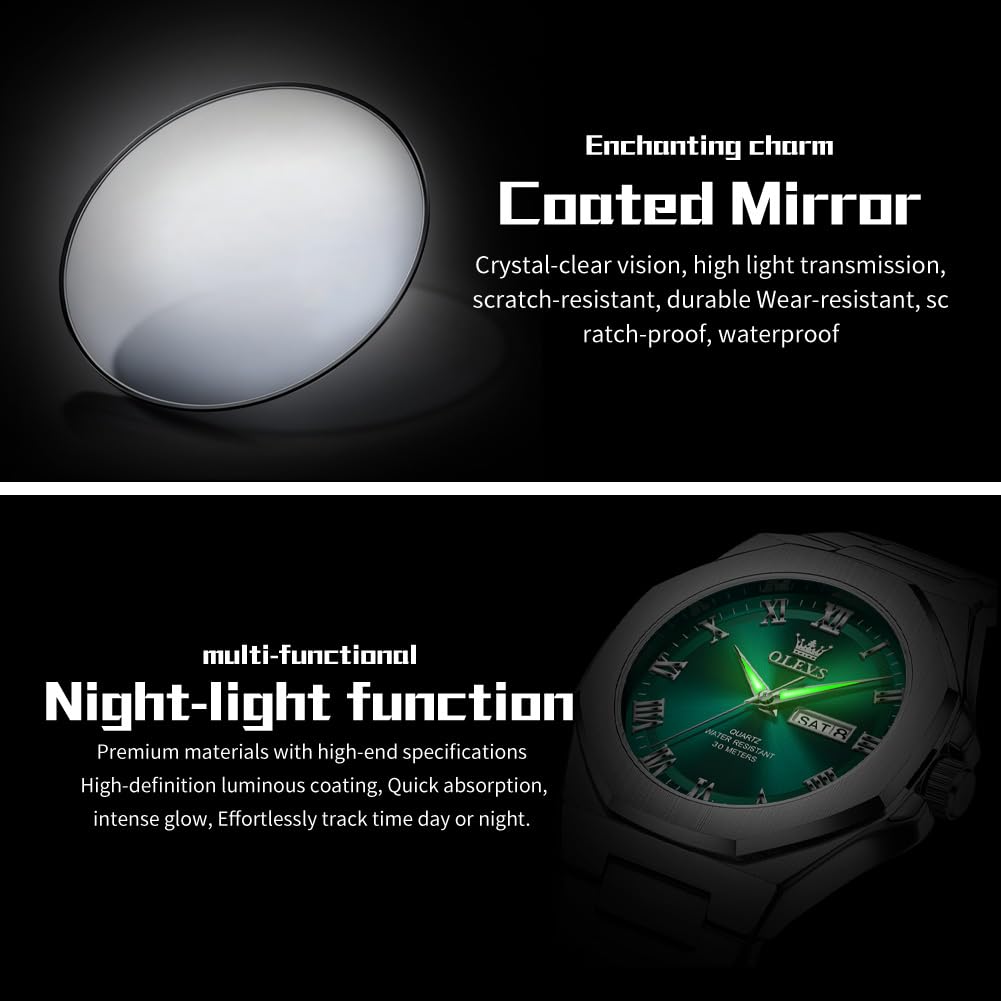OLEVS Mens Watch Luxury Square Octagonal Stainless Steel Business Dress Wristwatch Roman Numeral Dial Luminous Waterproof Green