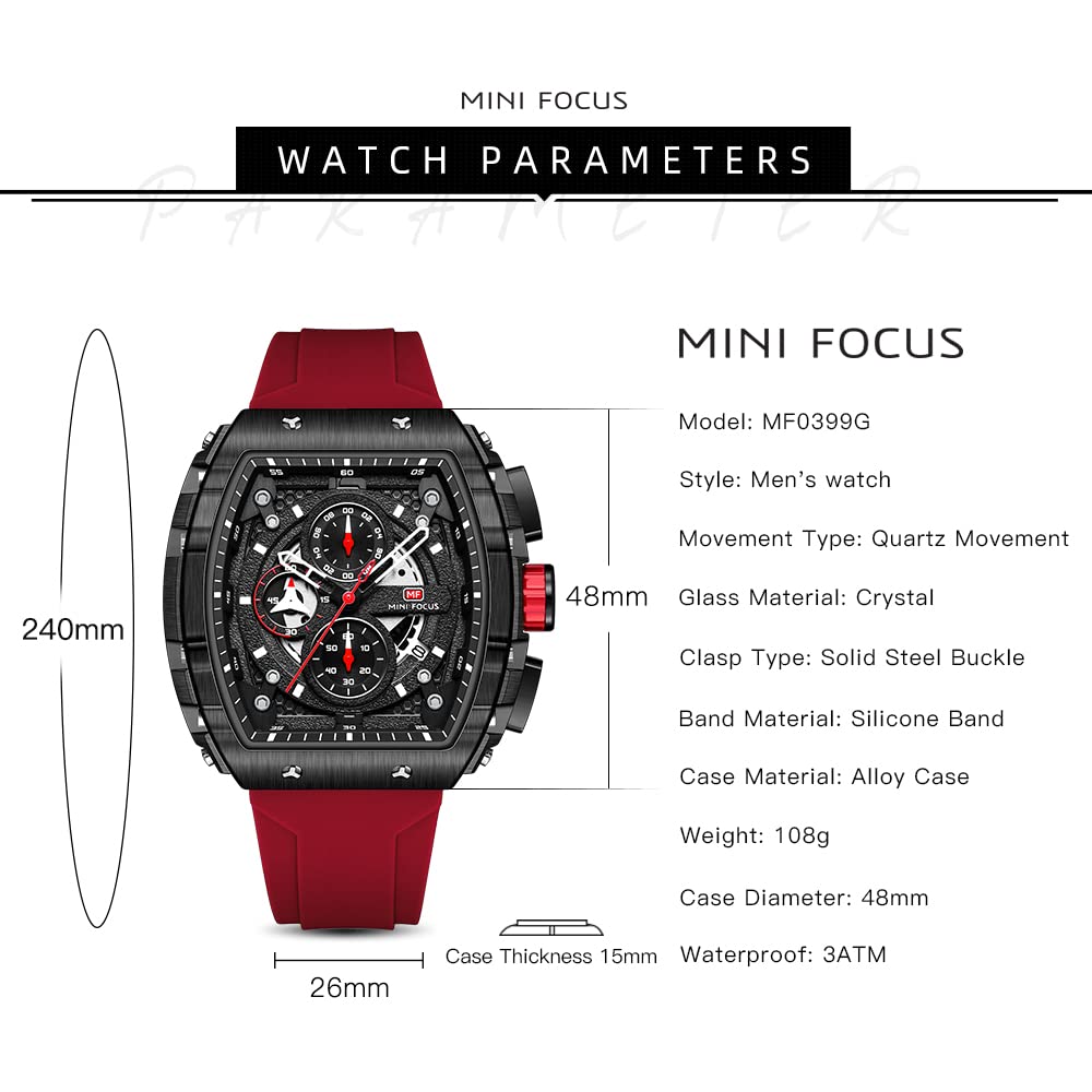 MF MINI FOCUS Men's Watch Fashion Tonneau Wrist Watches (Chronograph/Waterproof/Luminous/Calendar) Silicon Strap Quartz Watches for Men (Red & Black)