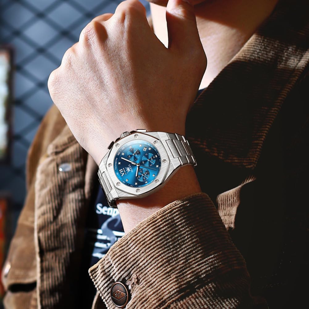 OLEVS Men Watches Chronograph Business Dress Stainless Steel Diamond Mens Wristwatch Blue Waterproof Luminous Two Tone Silver Relojes De Hombre