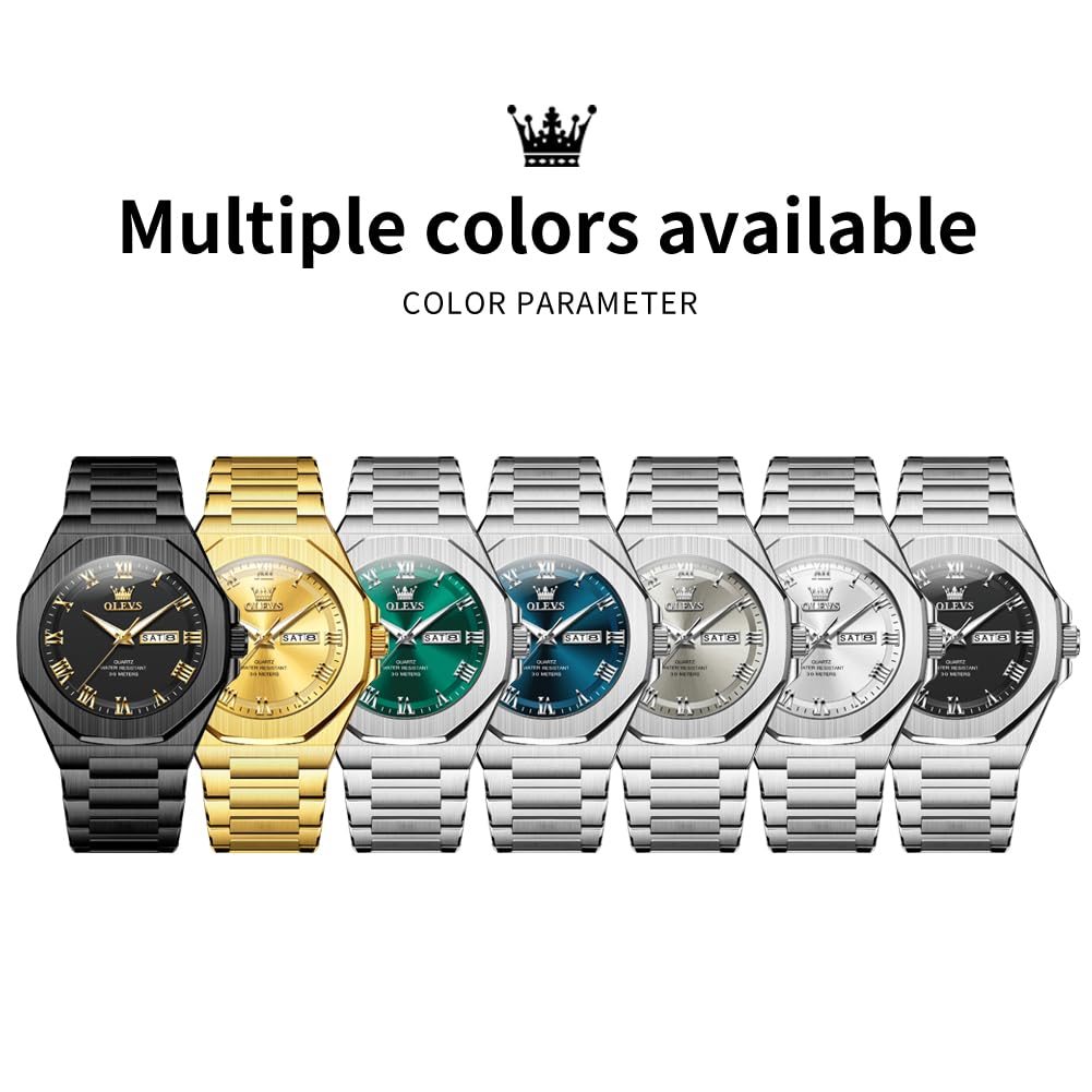 OLEVS Mens Watch Luxury Square Octagonal Stainless Steel Business Dress Wristwatch Roman Numeral Dial Luminous Waterproof Green