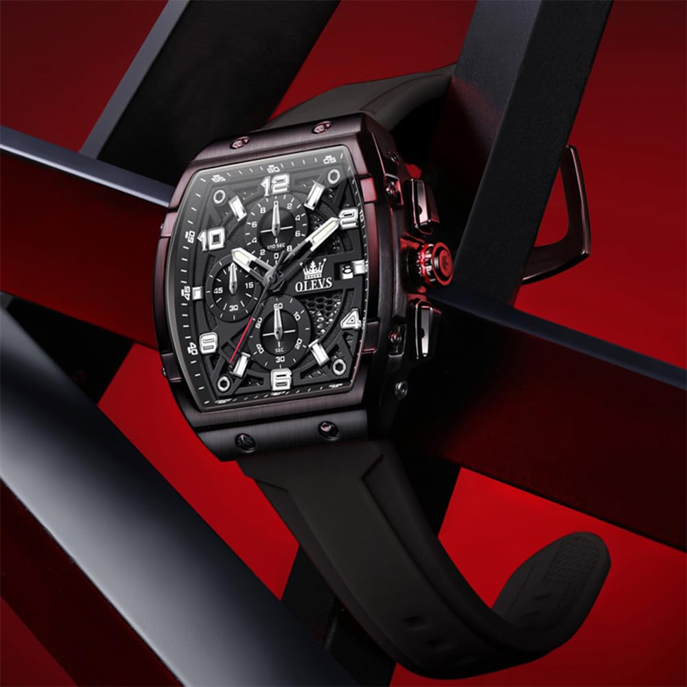 OLEVS Mens Black Watch Luxury Dress Stainless Steel Watches Large Chronograph Silicone Strap Waterproof Square Watch for Men