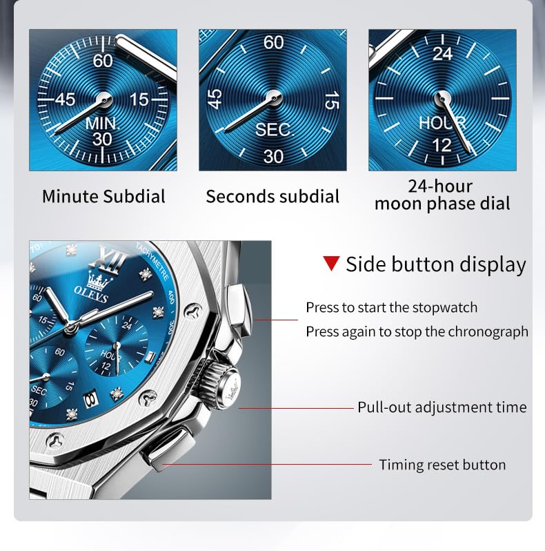 OLEVS Men Watches Chronograph Business Dress Stainless Steel Diamond Mens Wristwatch Blue Waterproof Luminous Two Tone Silver Relojes De Hombre