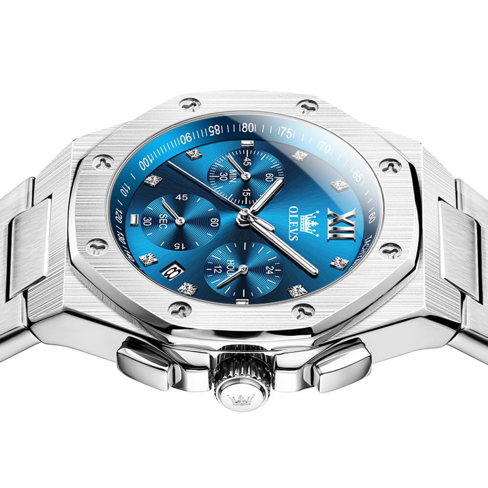 OLEVS Men Watches Chronograph Business Dress Stainless Steel Diamond Mens Wristwatch Blue Waterproof Luminous Two Tone Silver Relojes De Hombre