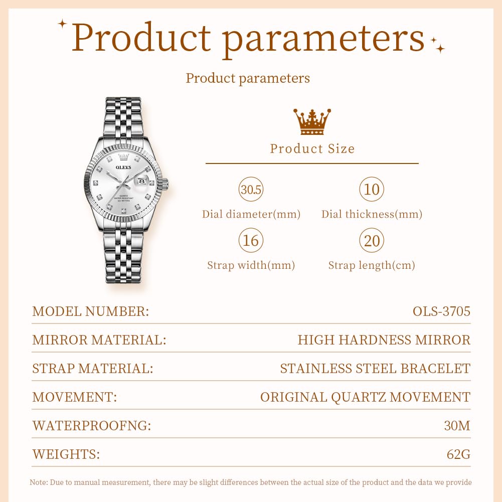 OLEVS Silver Womens Watches Fashion Dress Diamond Quartz Female Wristwatch for Ladies Stainless Steel Waterproof Day Date Luxury Watch for Women