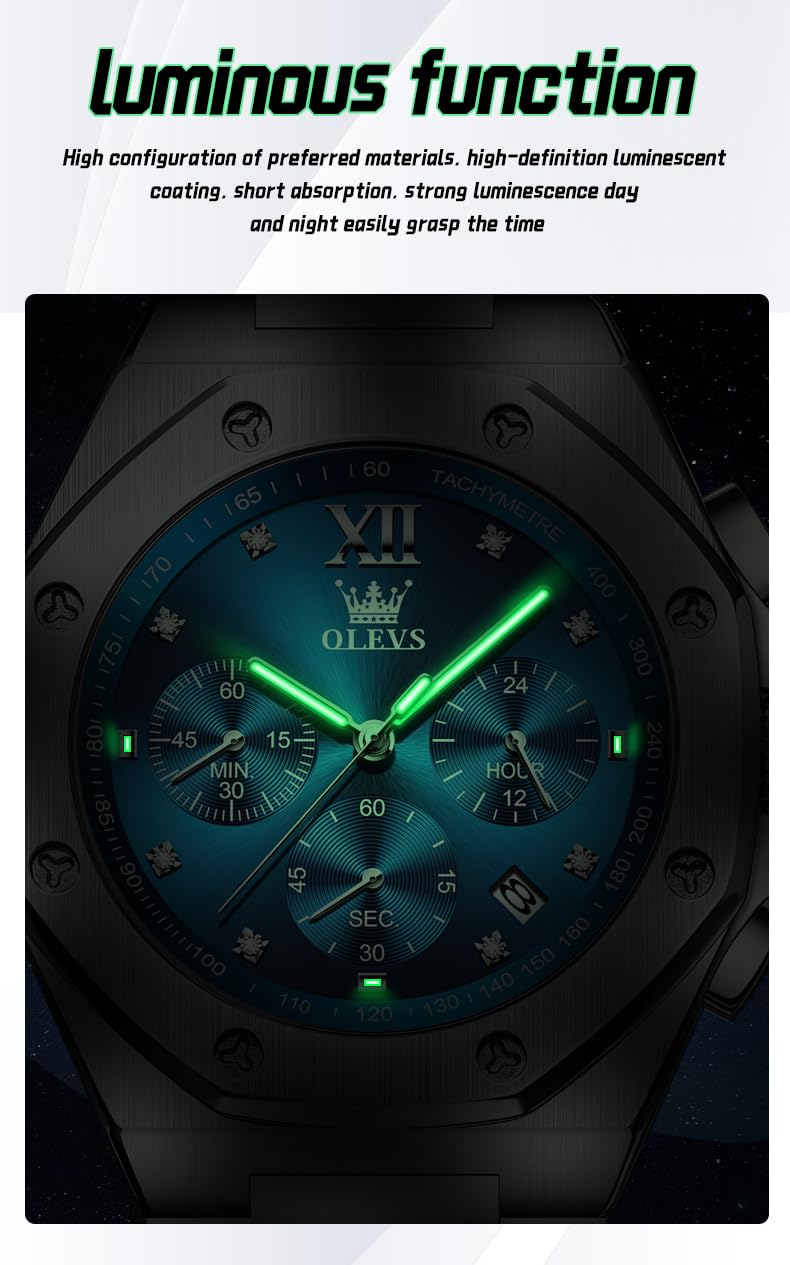 OLEVS Men Watches Chronograph Business Dress Stainless Steel Diamond Mens Wristwatch Blue Waterproof Luminous Two Tone Silver Relojes De Hombre