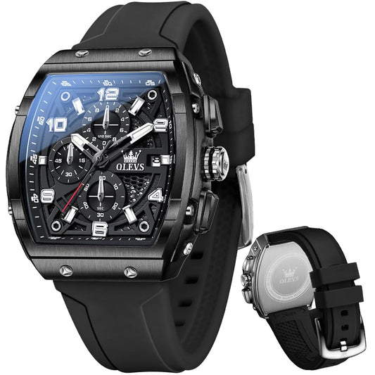 OLEVS Mens Black Watch Luxury Dress Stainless Steel Watches Large Chronograph Silicone Strap Waterproof Square Watch for Men