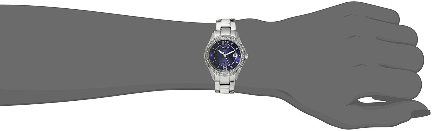Citizen Women's Eco-Drive Dress Classic Crystal Watch in Stainless Steel, Blue Dial (Model: FE1140-86L)
