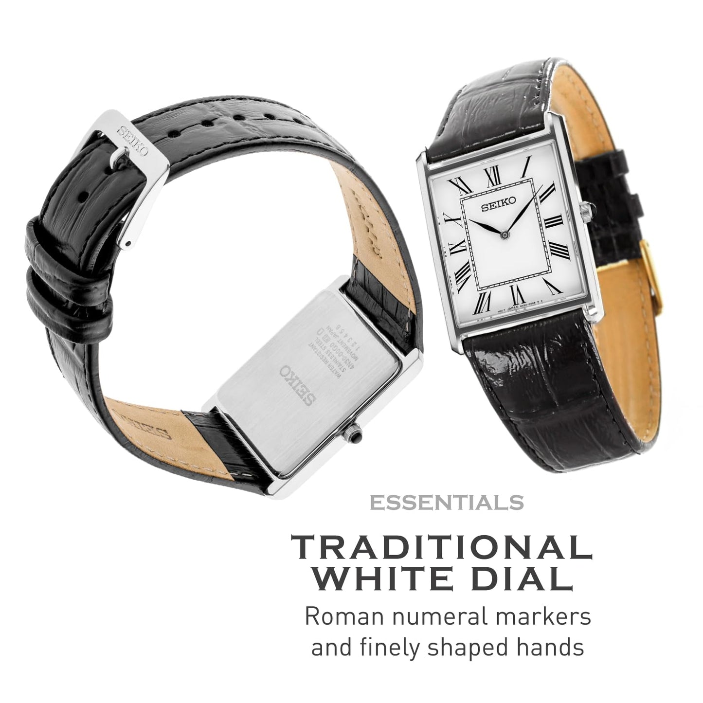 SEIKO SWR049 Watch for Men - Essentials - Water Resistant with Classic Stainless Steel Rectangular Case, White Dial with Roman Numerals, and Black Leather Strap