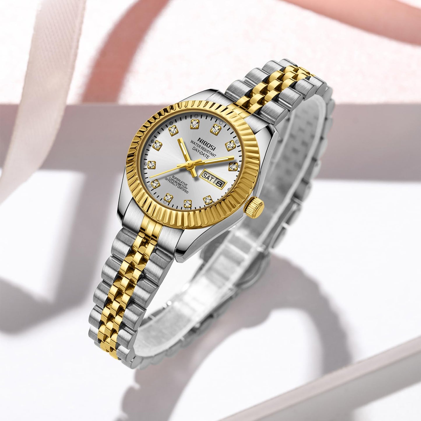 NIBOSI Watches for Women Analog Quartz Stainless Steel Dial Gold Silver Two Tone Bracelet with Day Date Luminous Waterproof Dainty Classic Luxury Diamond Elegant Dress Women's Watch for Small Wrists