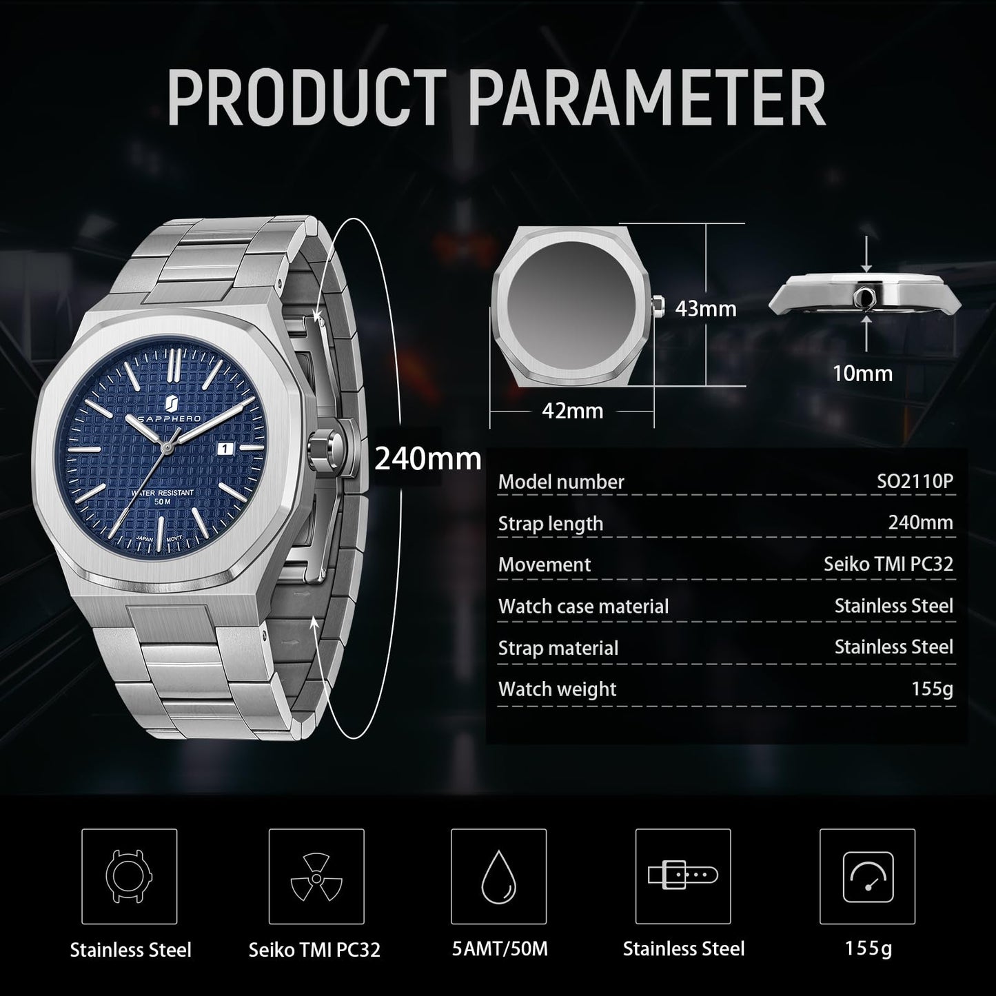 SAPPHERO Mens Watches Octagonal Stainless Steel Quartz Fashion Business Men's Watch 50 Meter Water Resistant Analog Movement Multifunction Dials Classic Gifts for Men