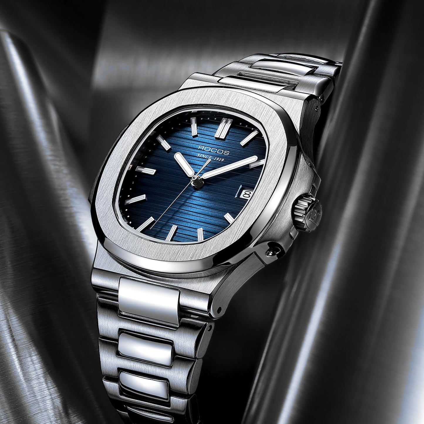 ROCOSJEWE Classic Luxury Blue Dress Watch Men's Automatic Mechanical Watch Wristwatch Water-Resistant Date Display Luminous Dial Stainless Steel Bracelet Gift for Men R0139