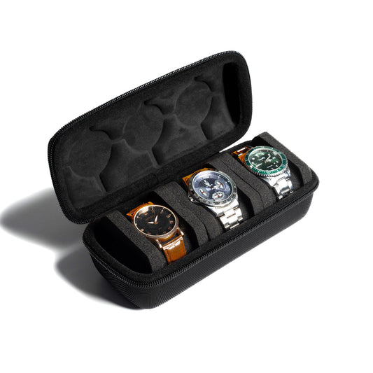 AUKURA 3 Slot Hard Watch Travel Case, Watch Roll Case Storage and Organizer for Men and Women, with anti-move watch pillow (Black fabric 3Slots)
