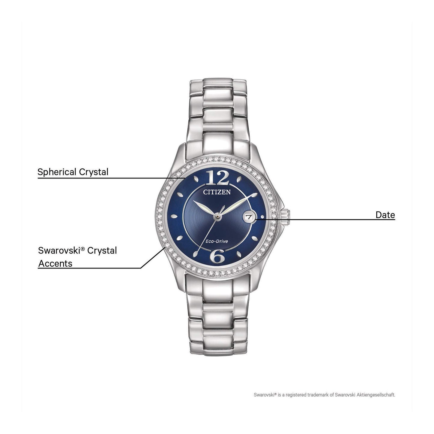 Citizen Women's Eco-Drive Dress Classic Crystal Watch in Stainless Steel, Blue Dial (Model: FE1140-86L)