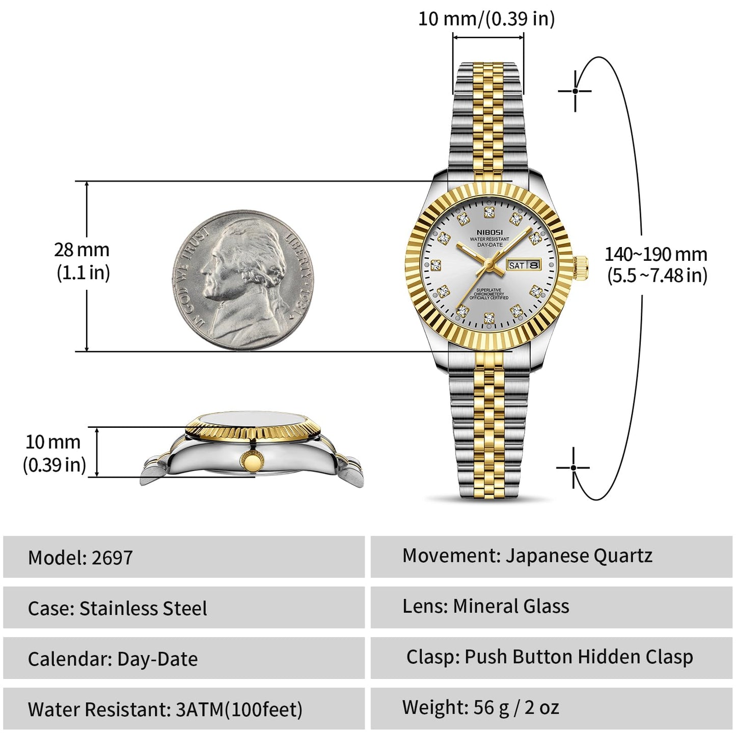 NIBOSI Watches for Women Analog Quartz Stainless Steel Dial Gold Silver Two Tone Bracelet with Day Date Luminous Waterproof Dainty Classic Luxury Diamond Elegant Dress Women's Watch for Small Wrists